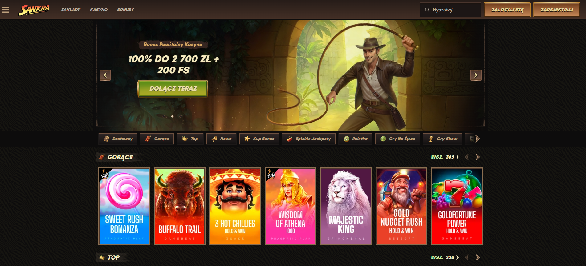Sankra Casino homepage with bonus offer and slot games